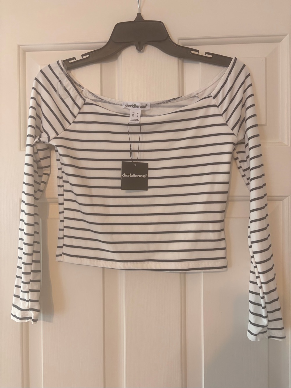 Charlotte Russe White and Black Striped Off-Shoulder Long Sleeve Crop Top